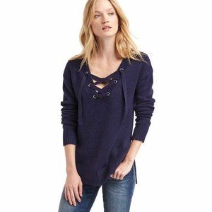 NWT Gap Shoelace V-Neck Wool Lace Up Sweater Navy L